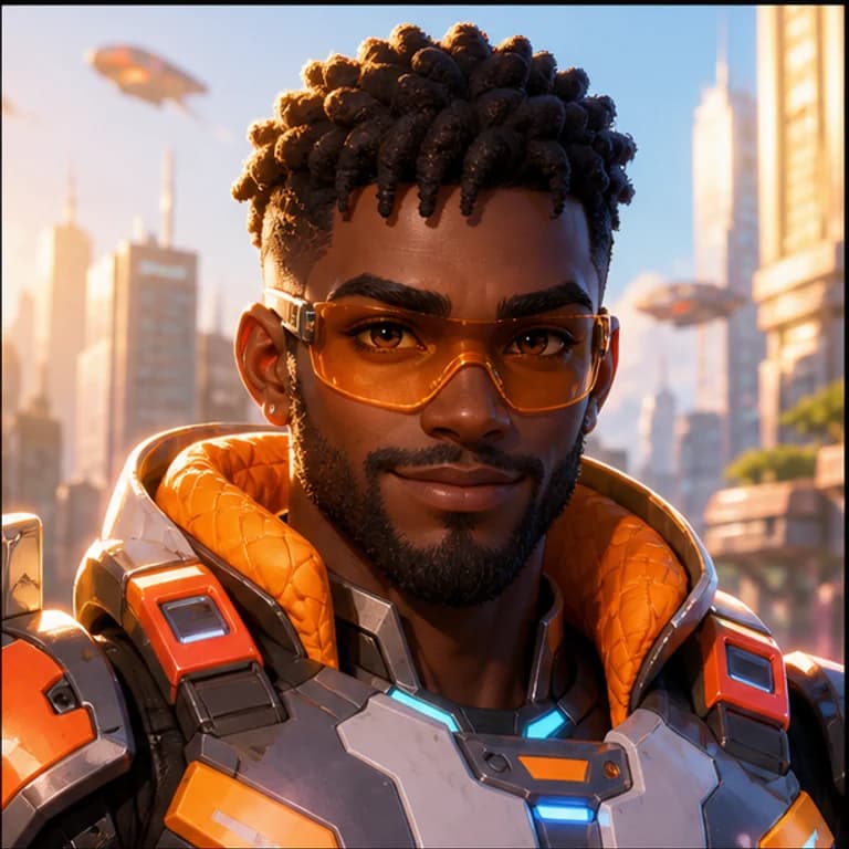 Overwatch style gaming PFP example - original avatar with game-inspired gear and environment